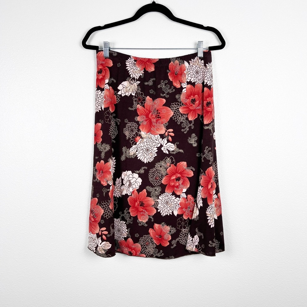 Vintage Es.se Women Floral Midi Skirt Brown Red Skater Elastic Waist Size‎ M